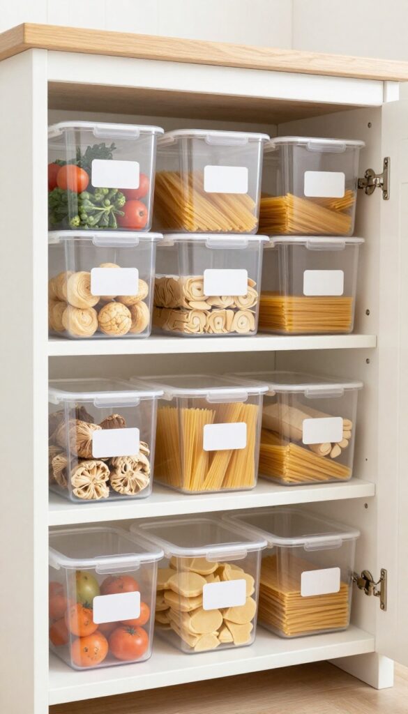 Clear bins organizing kitchen cabinet shelves with labeled categories like canned vegetables, pasta, and baking mixes.