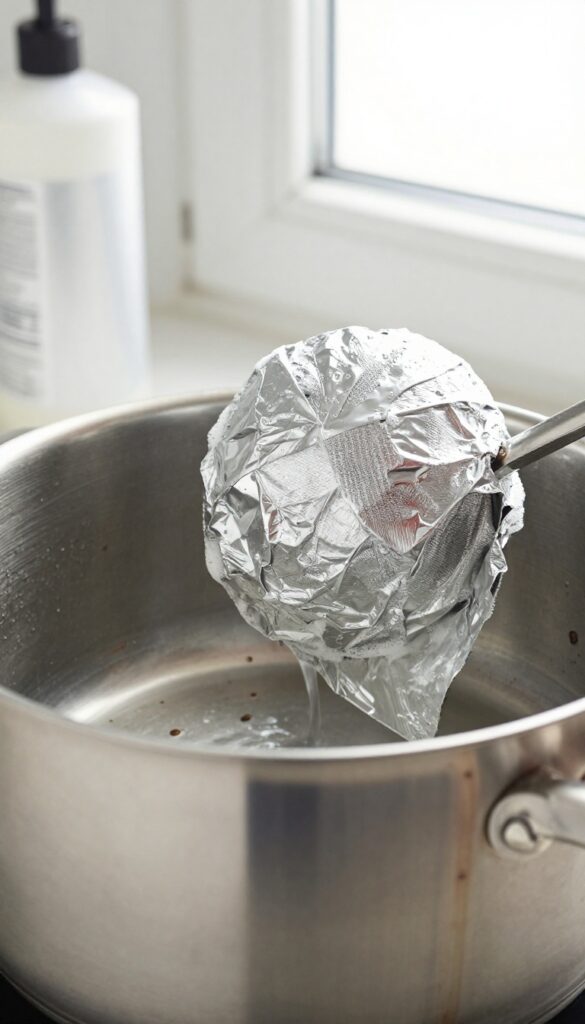 Aluminum foil ball scrubbing burnt pot bottom