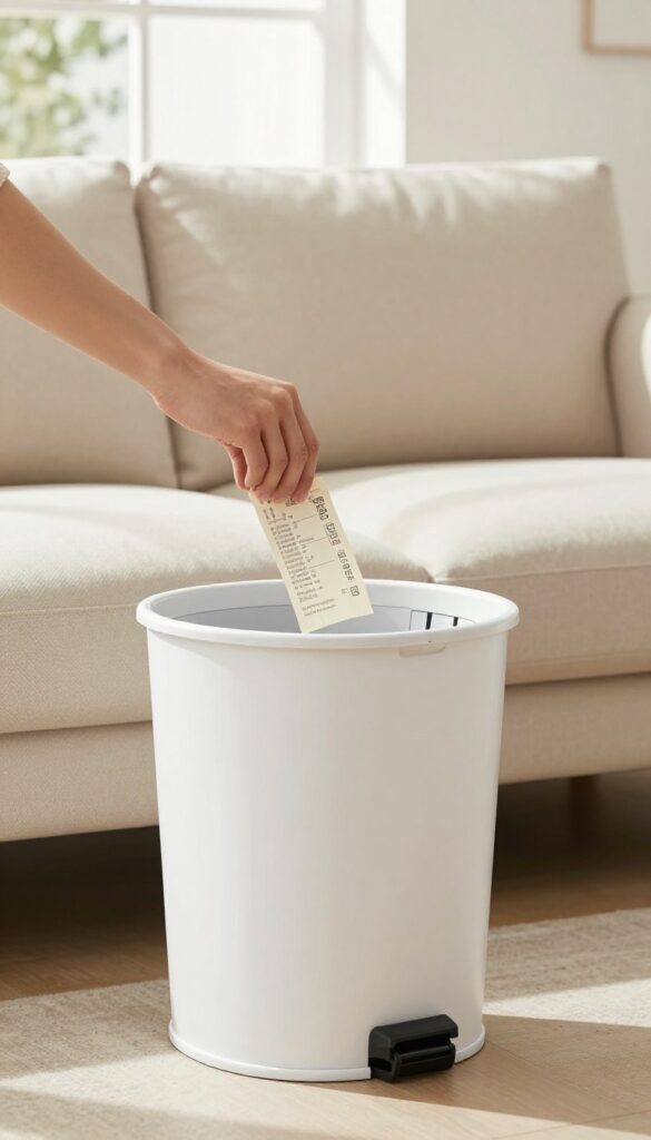 A hand dropping a crumpled receipt into a small white trash bin next to a sofa in a bright, tidy living room.