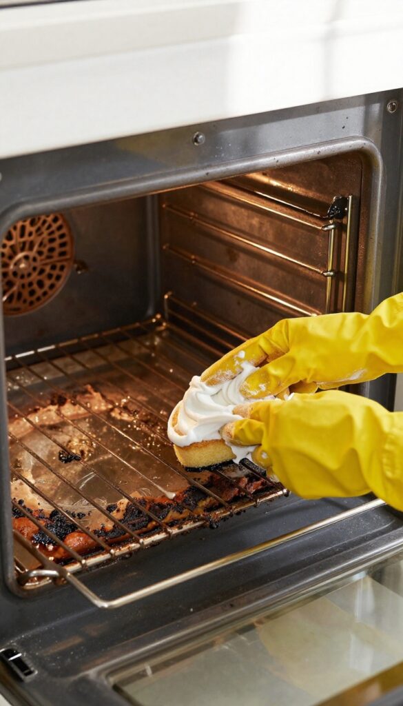 Hand applying cleaning paste to heavy buildup inside an oven