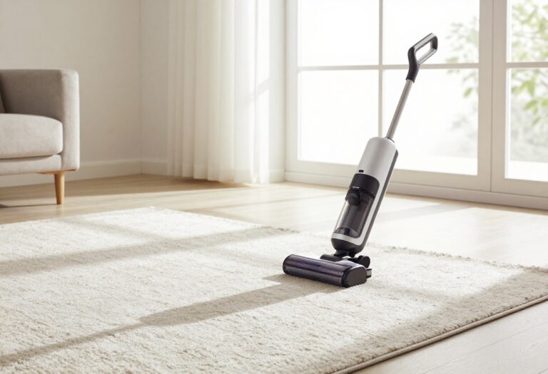 Clean rug in living room with vacuum and sunlight