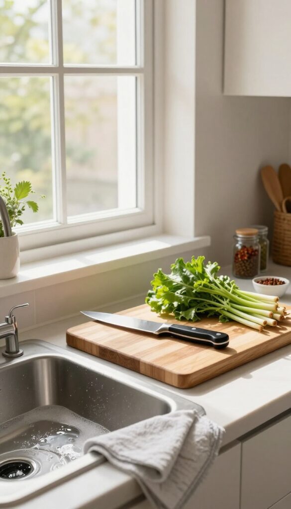 Clean kitchen with vegetables, knife, spices, sink with soapy water, and a cloth, illustrating cleaning as you cook.