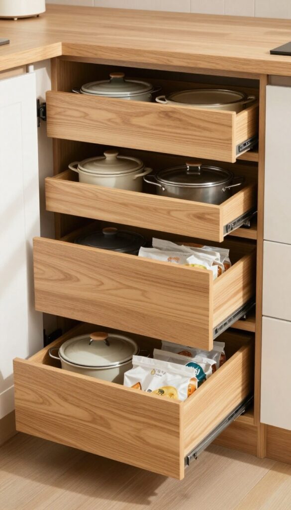 Corner drawers with custom dividers in a kitchen, showing organized pots and lids