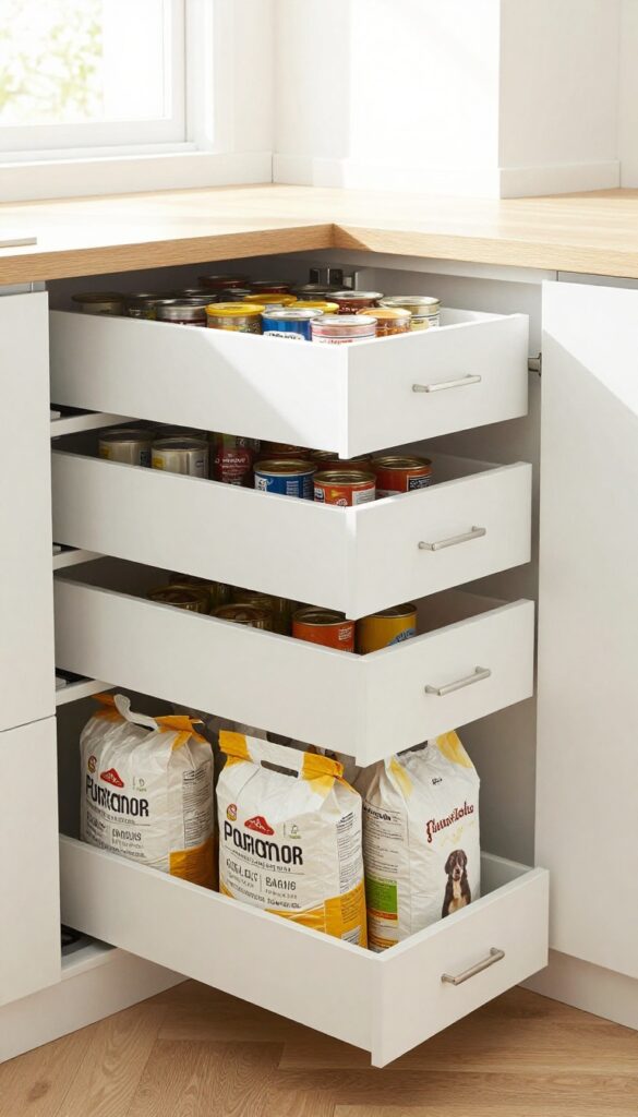 Floor-to-ceiling pull-out drawers in a pantry, fully extended showing organized food storage