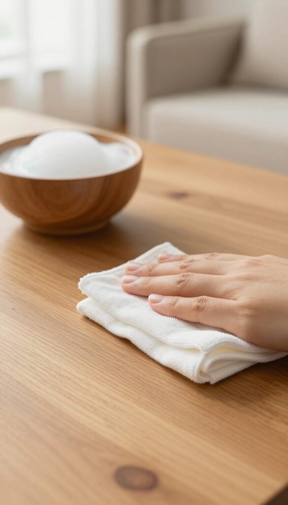 Hand wiping a wooden table with a damp cloth during annual deep cleaning.