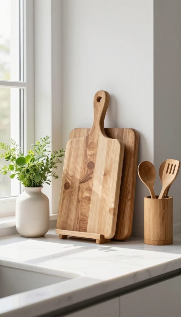 Vertical cutting board storage on a kitchen counter with natural light and minimalist decor