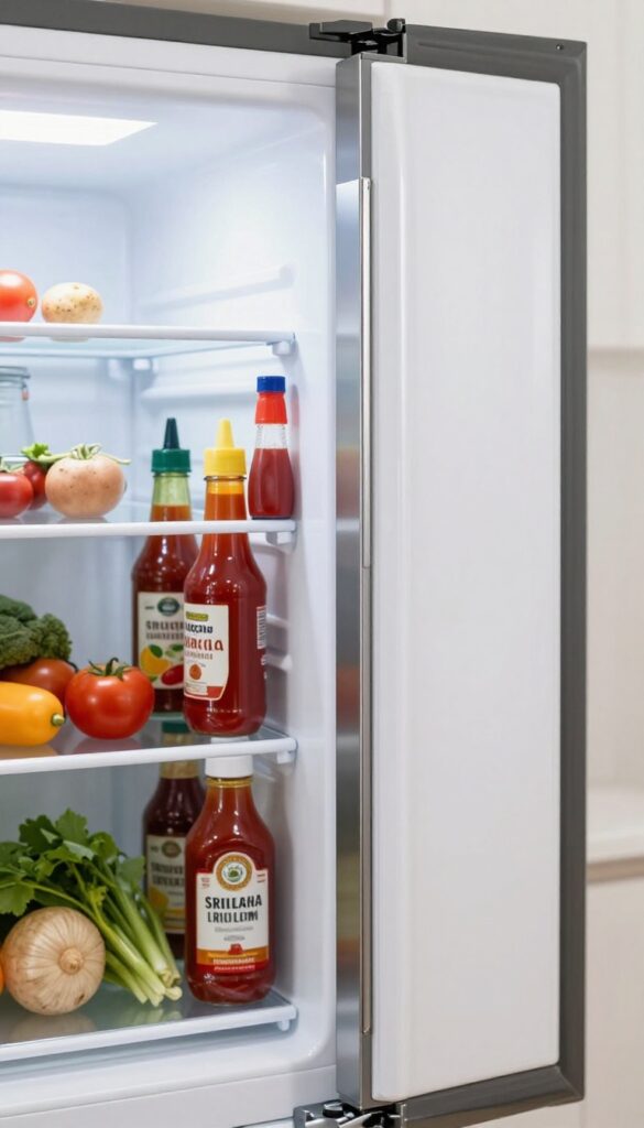 Magnetic knife rack inside fridge door holding condiment bottles