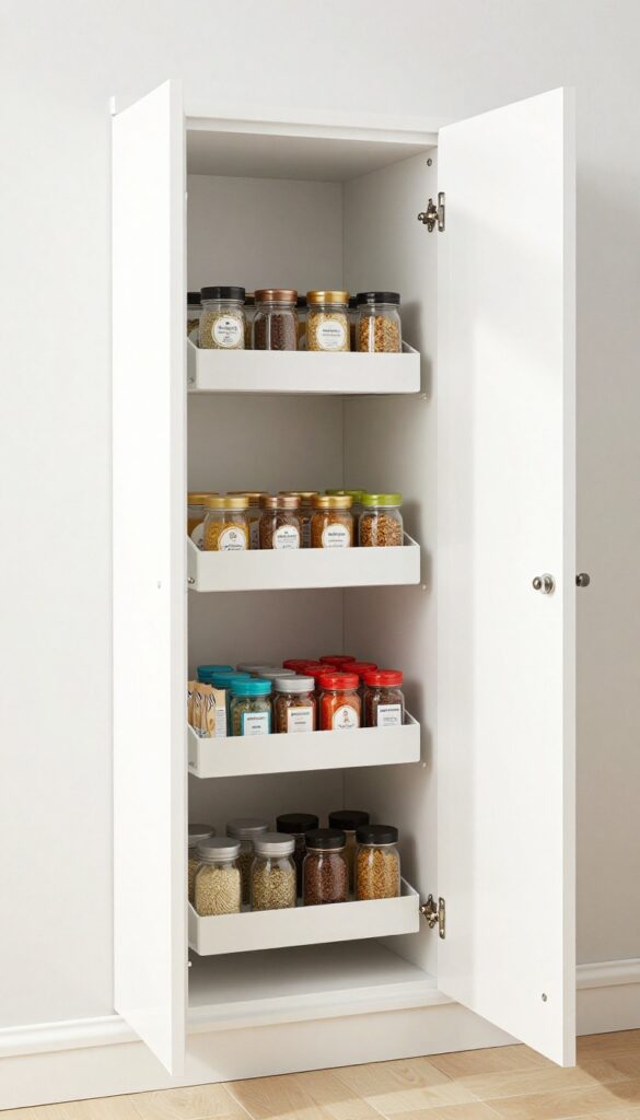 Over-the-door shoe rack repurposed for pantry storage, holding spices and small jars on the inside of a pantry door.
