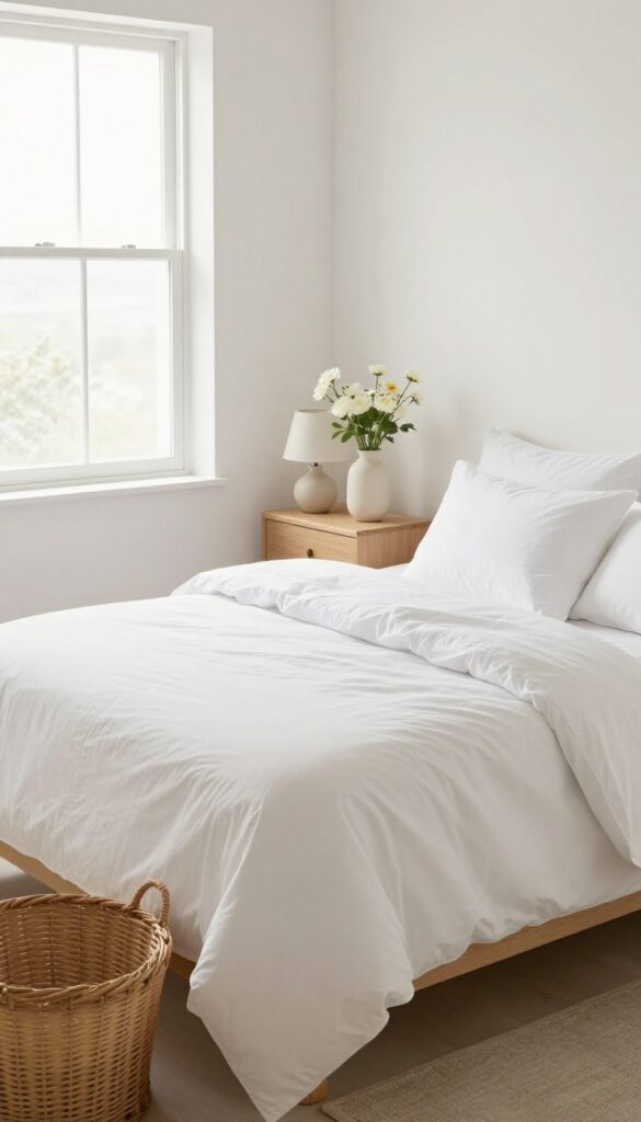 A tidy bedroom with a made bed, fresh flowers, and soft morning light, representing a 10-minute morning tidy routine.