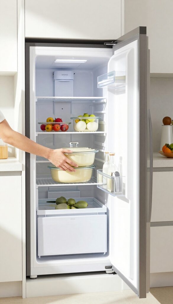 A person using the auto-open door feature of a Samsung Bespoke fridge to slide a heavy casserole dish inside with both hands free.