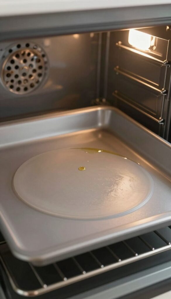 Silicone oven liner on bottom rack catching drips from a baking dish