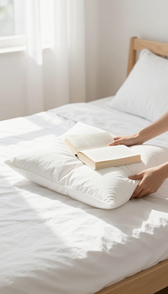 Hand folding a pillow in half with a book on top to test pillow support in a bright, clean bedroom