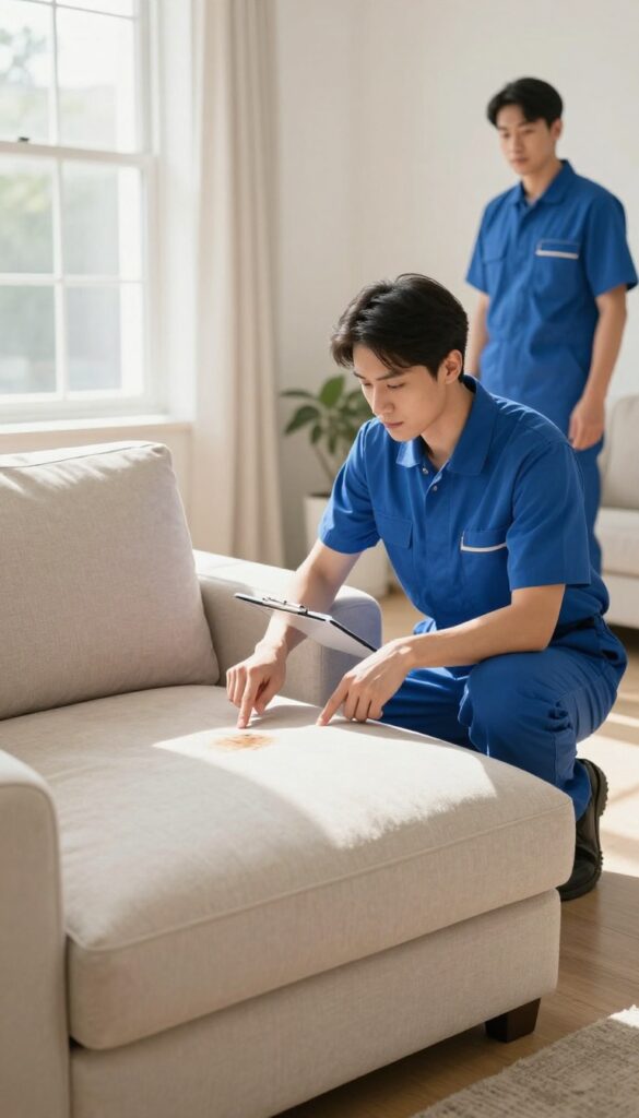 A sofa cleaner giving a free in-home estimate, pointing out a stain on a beige sofa in a sunlit living room.