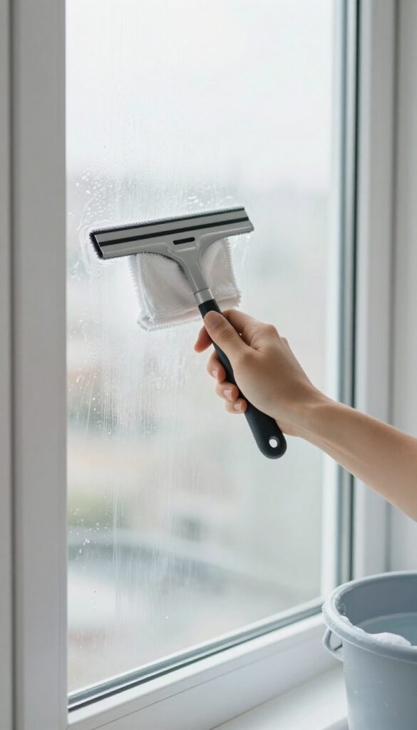 Hand wiping squeegee blade with microfiber cloth for streak-free window cleaning