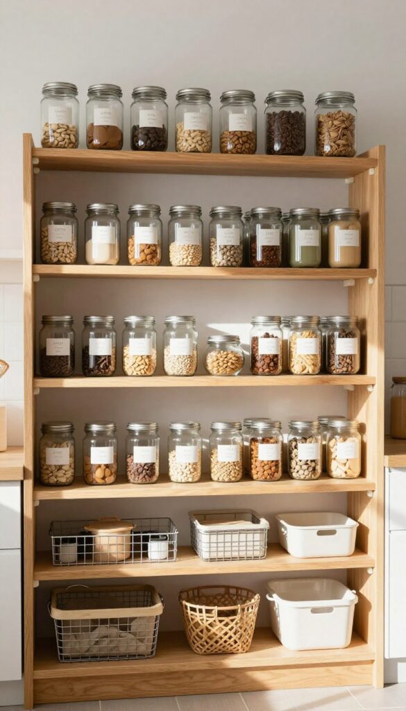 Open shelves in a bright kitchen with a first-in, first-out organization system using clear jars, labels, and dividers.