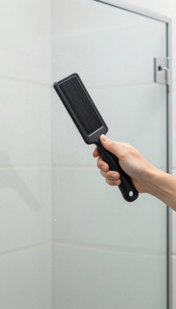 Hand using a squeegee on a glass shower door to remove water droplets, bright natural light, clean bathroom setting.