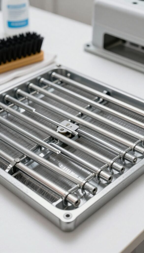 Close-up of clean AC evaporator coils and drain pan with cleaning tools nearby