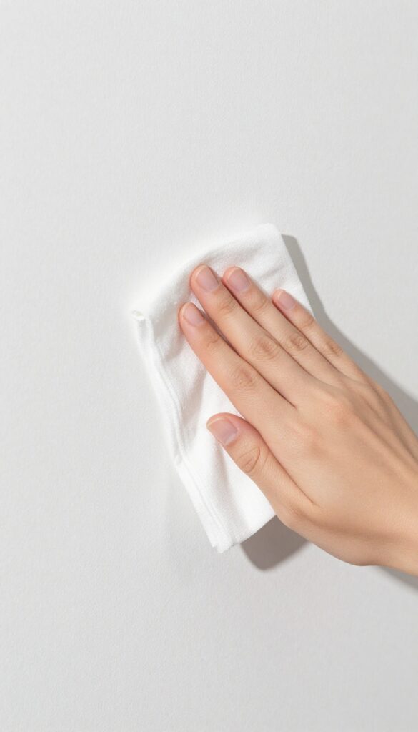 Hand wiping a wall smudge with a baby wipe in bright natural light