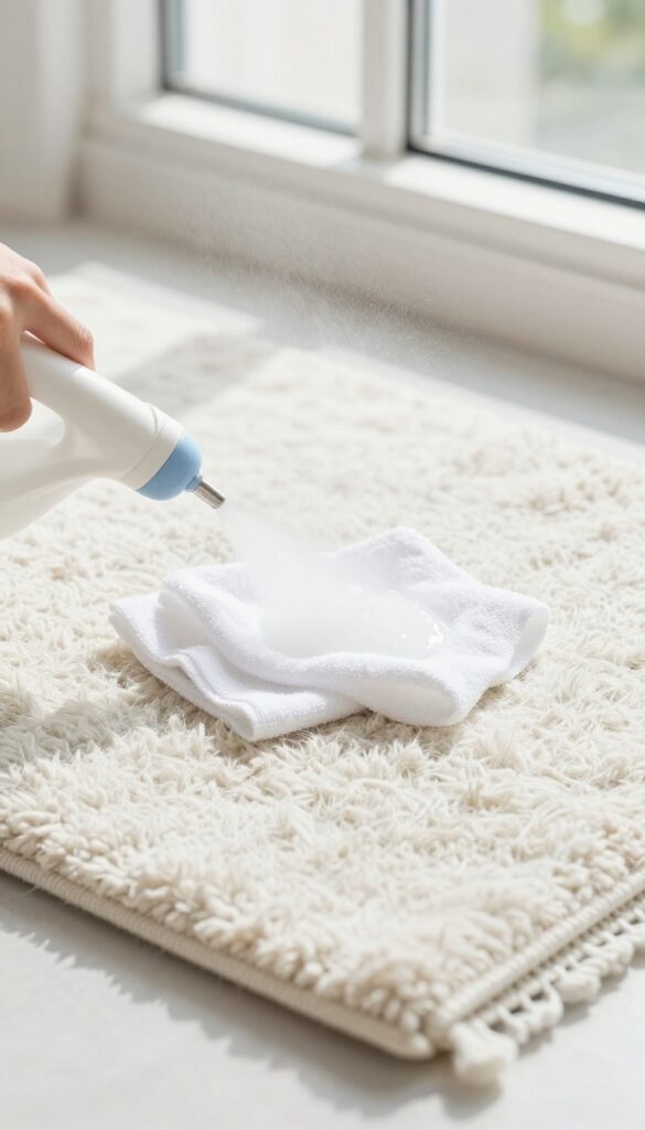 Misting a wool rug with white vinegar solution to brighten colors