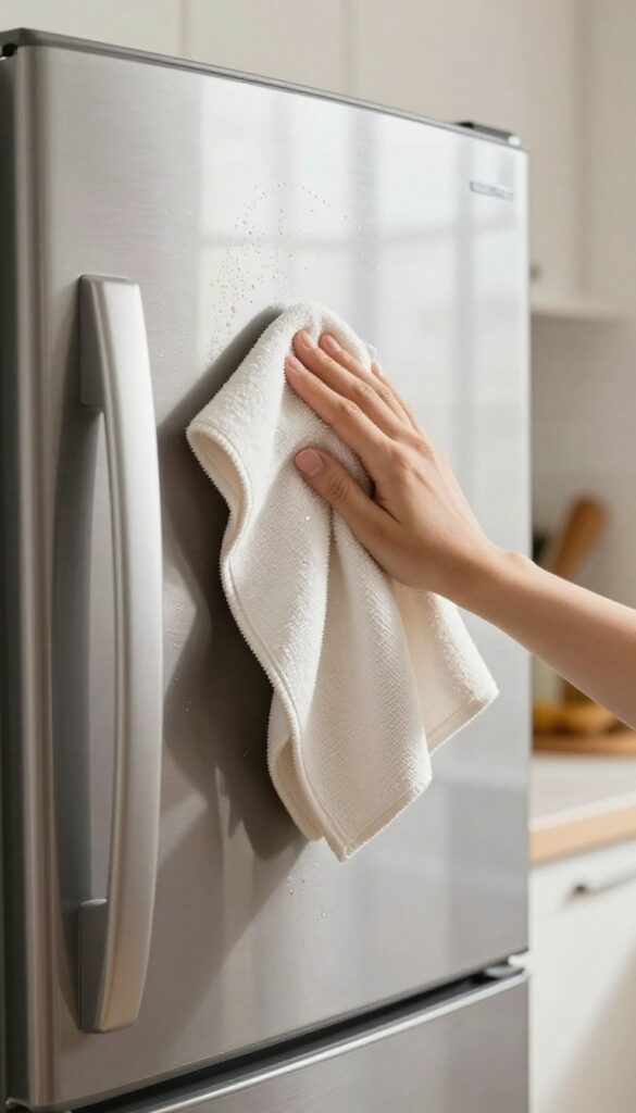 Hand wiping a stainless steel fridge with a microfiber cloth, showing a streak-free shine.