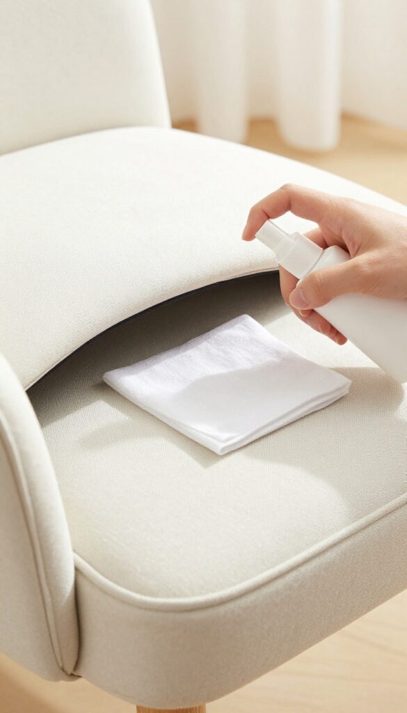 Person testing cleaner on hidden spot of upholstered chair cushion