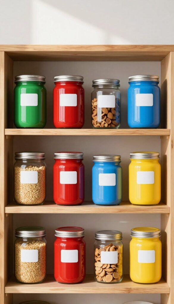 Color-coded pantry labels by food group on glass jars, organized pantry shelf