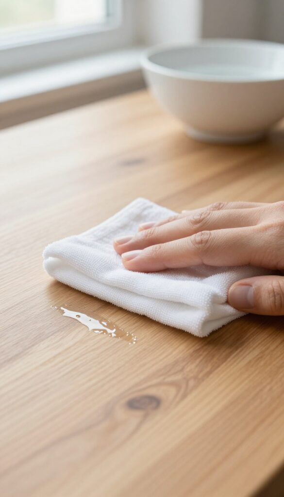 Close-up of a damp cloth wiping sticky residue from a wooden table surface