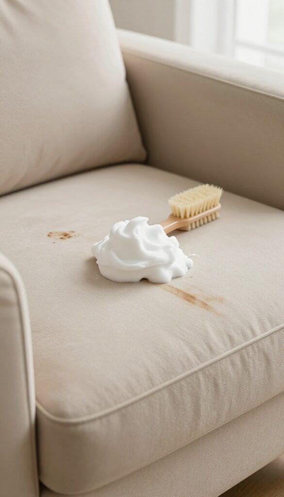 Shaving cream foam applied to a set-in stain on an upholstered chair, with a soft brush nearby.