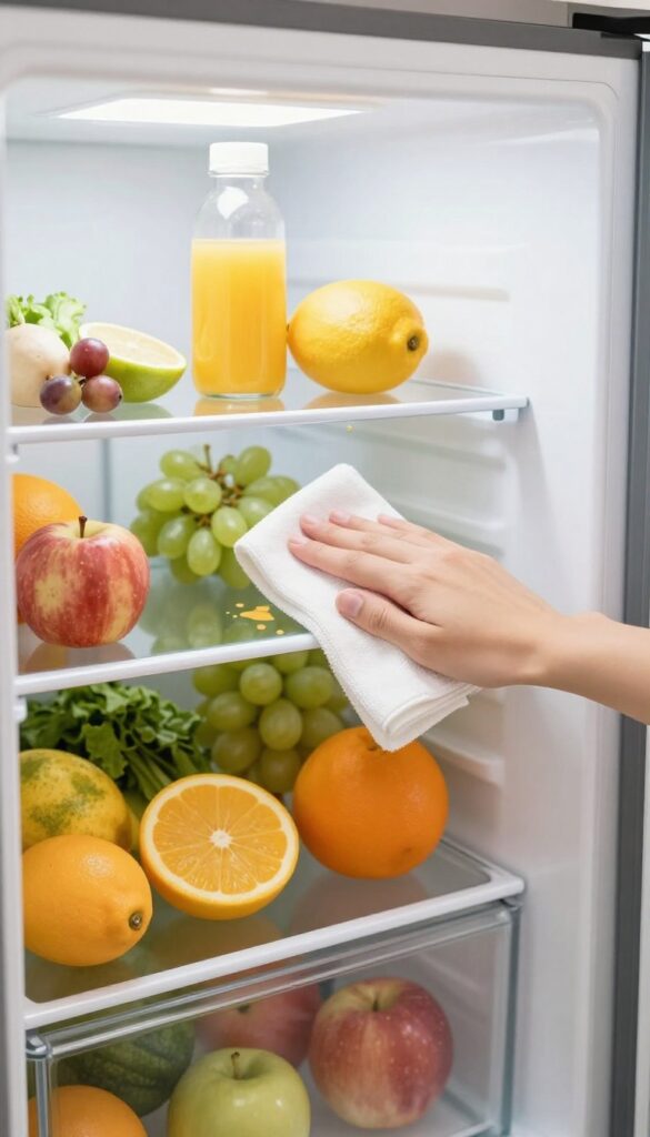 Hand wiping a juice spill in a clean refrigerator with a microfiber cloth