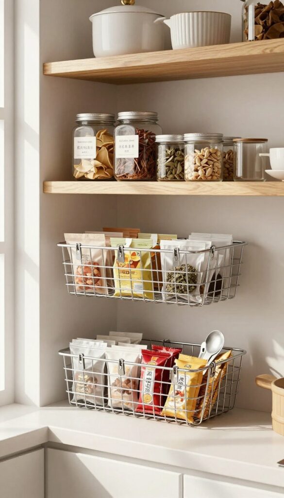 Under-shelf basket clipped to a wire pantry shelf holding tea bags and snack bars, with organized jars above