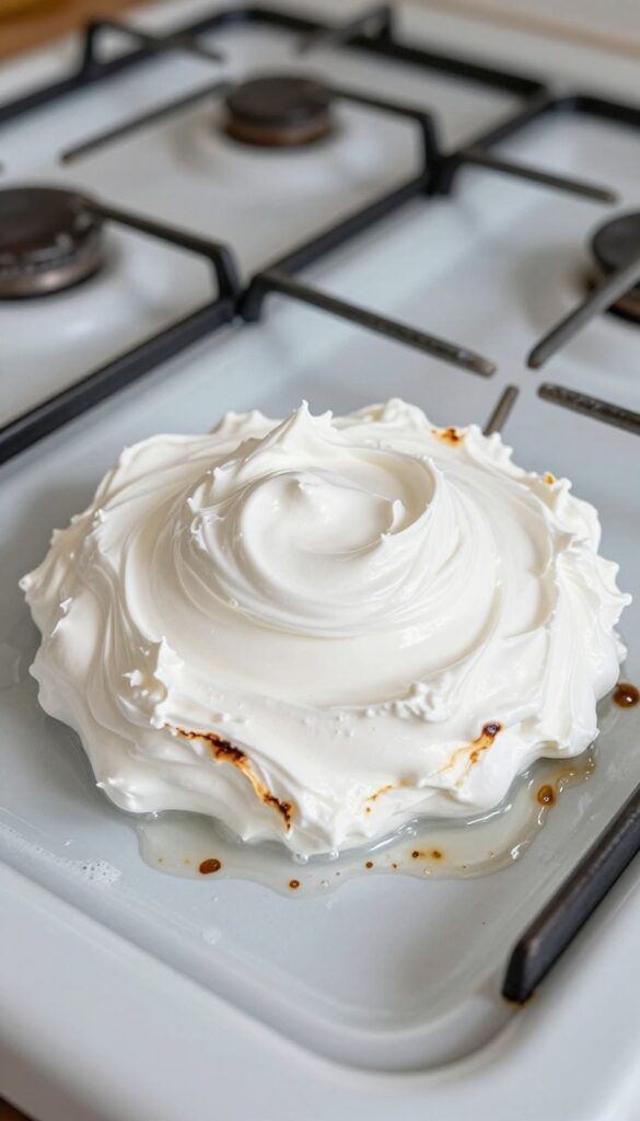 Close-up of a stove burner cap and drip pan with a white paste applied to baked-on grease, bright natural light, clean composition.