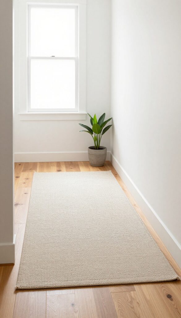 Hallway with hardwood floor and a flat-weave cotton runner rug in a bright, clean setting