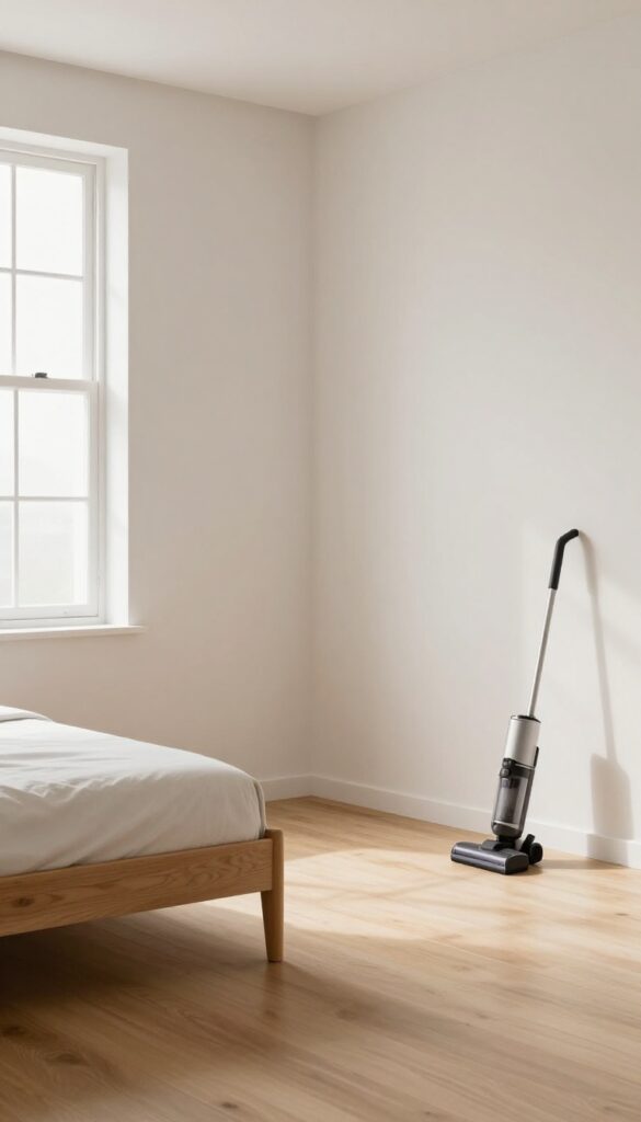 Clean under the bed with a long-handled duster and vacuum in a bright bedroom