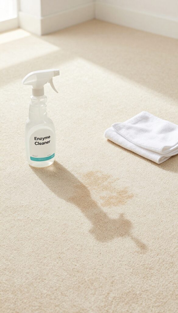 Close-up of a clean beige carpet with a wet patch, spray bottle of enzyme cleaner, and cloth in bright natural light.
