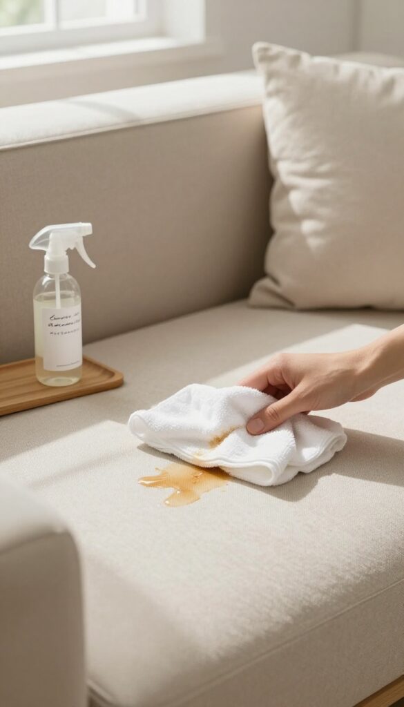 DIY all-purpose cleaner being used to remove a juice stain from a beige couch