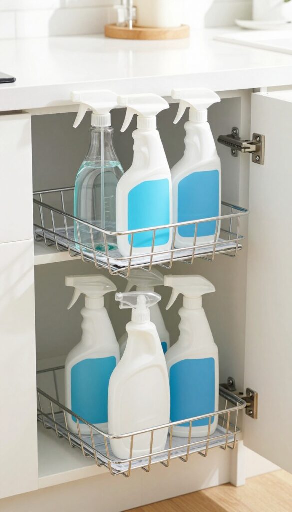 Two-tier pull-out tray system under kitchen sink with upright spray bottles and larger refills, organized and accessible.