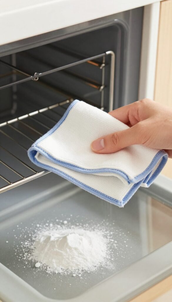 Hand wiping oven interior with damp cloth, baking soda on spill, warm natural light