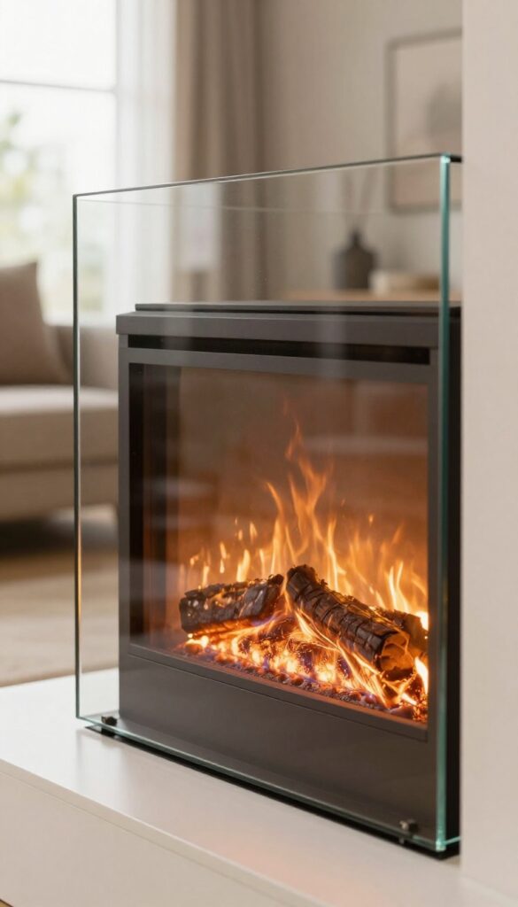 Clean fireplace glass door with warm firelight and cozy living room background