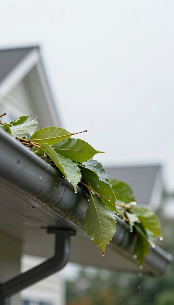 Gutter clogged with wet leaves and debris after a storm