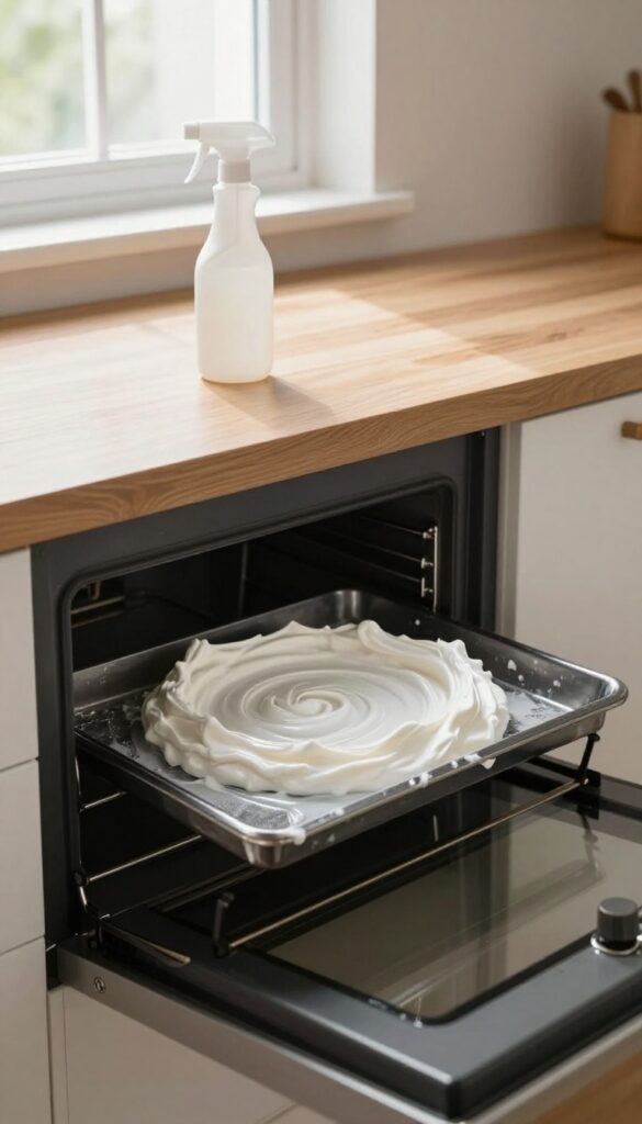 Oven interior with baking soda paste and vinegar spray bottle