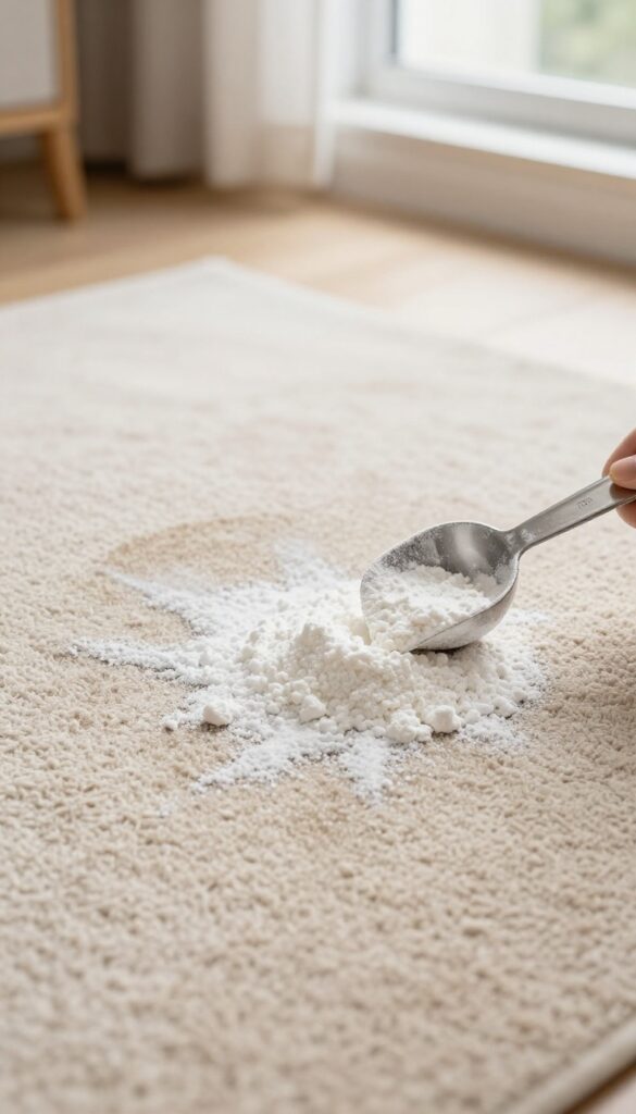 Cornstarch sprinkled on a fresh grease stain on a light beige carpet, with a spoon nearby, in bright natural light.