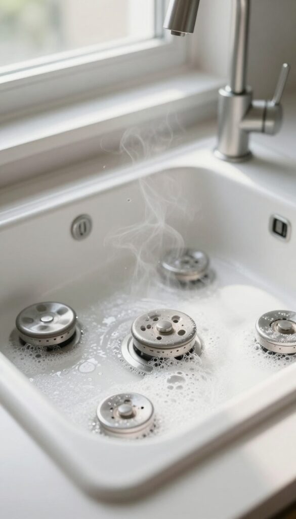 Stove burner caps soaking in hot soapy water in a kitchen sink.