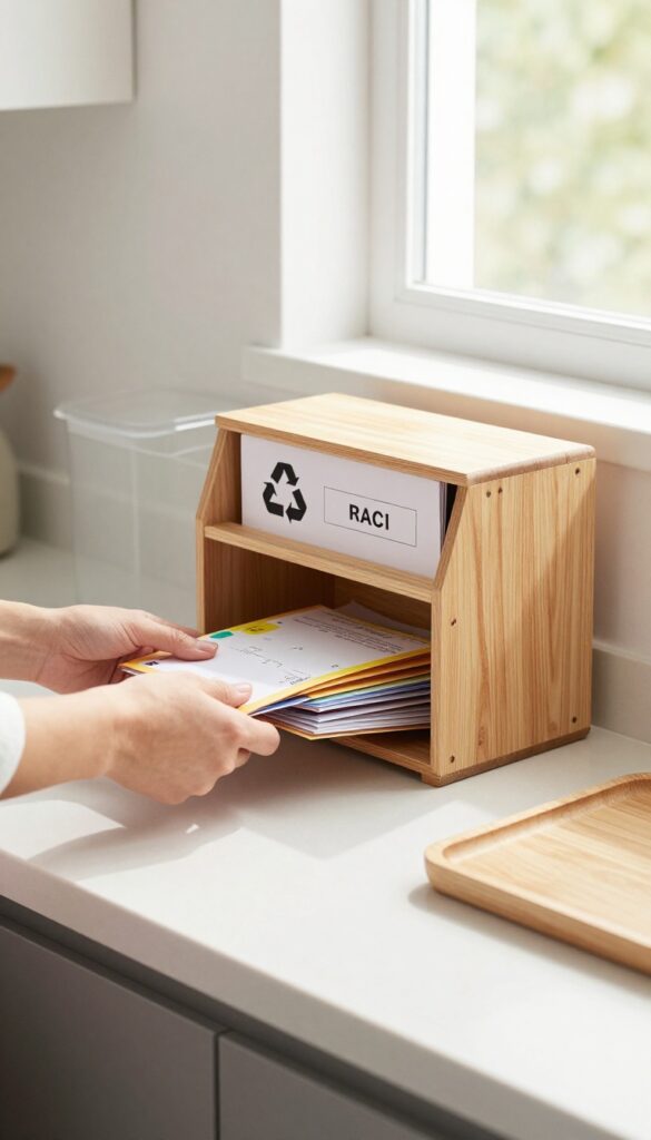A person sorting mail on a clean kitchen counter with a recycling bin and file folder.