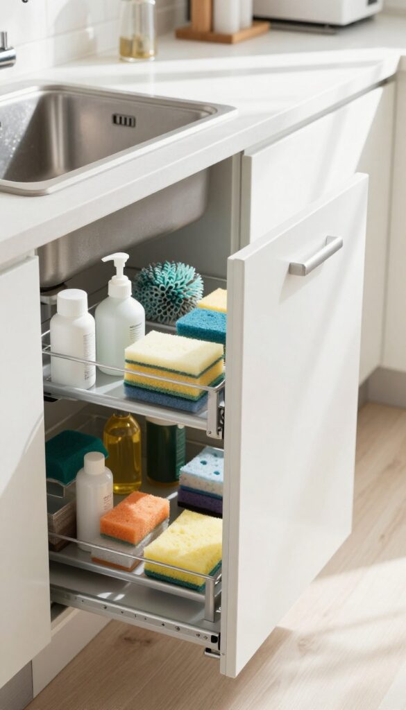 Under-sink drawer with pipe cutout, open and filled with cleaning supplies