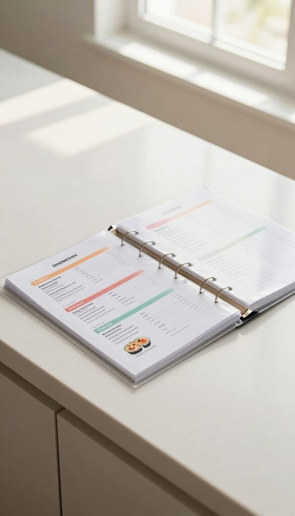 Open binder with takeout menus in sheet protectors and labeled dividers on a bright kitchen counter.