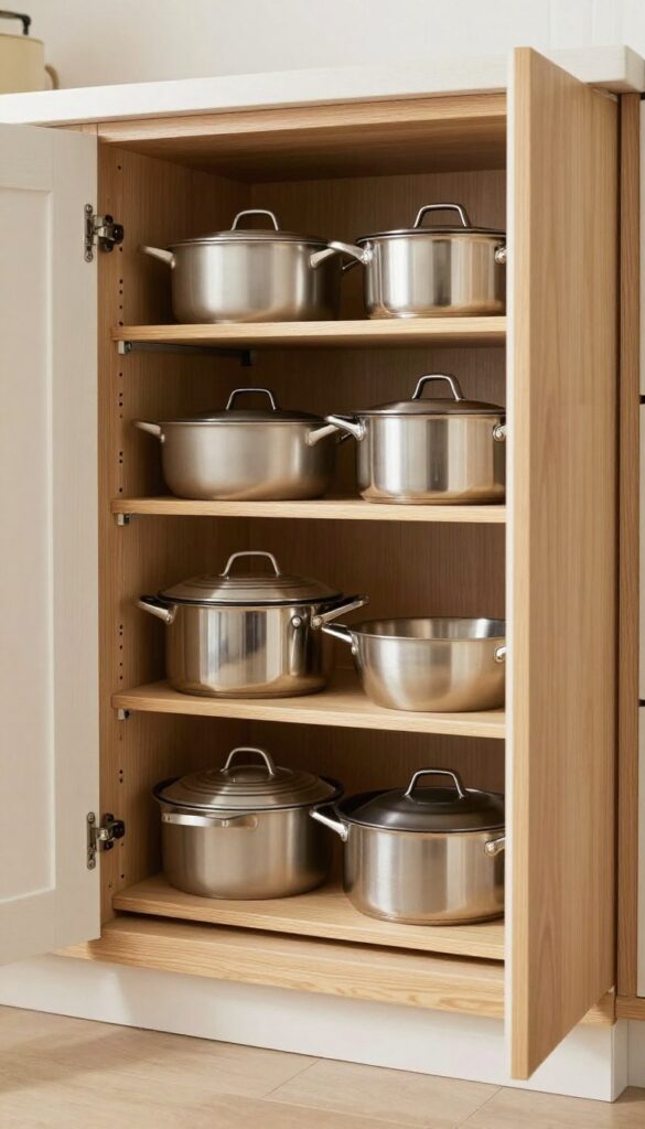 Pull-out shelves in a deep kitchen cabinet, neatly organized with pots and pans