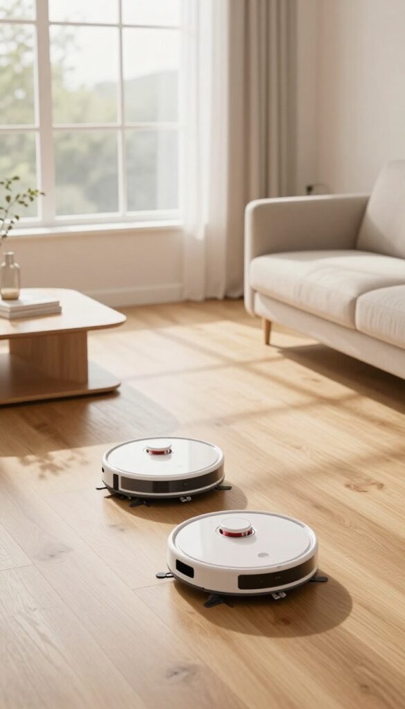 Robot vacuum cleaning hardwood floor in sunlit living room