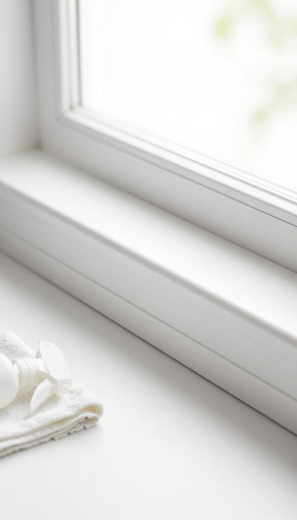 Clean kitchen baseboard and trim with cleaning tools nearby