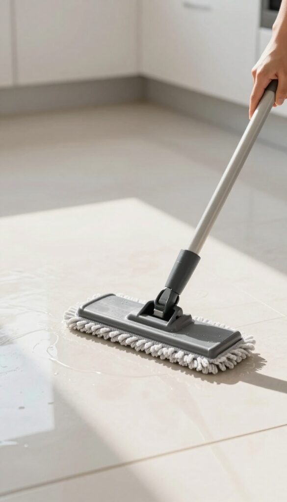 Person mopping a tile floor in a figure-eight pattern with a flat microfiber mop, bright natural light, clean and shiny floor.