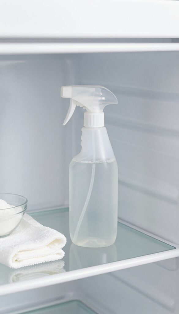White vinegar spray bottle and microfiber cloth on clean refrigerator shelf